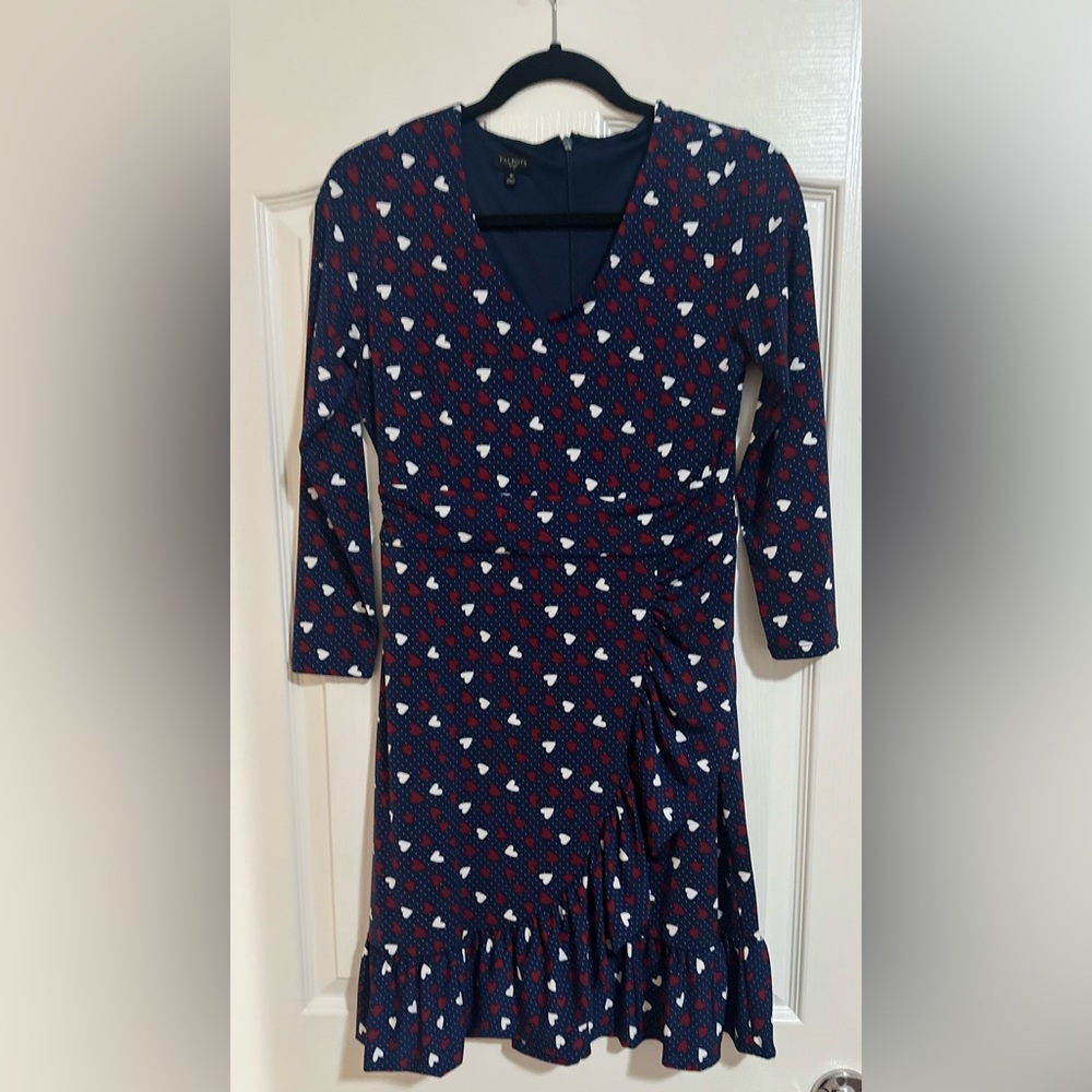 NWOT TALBOTS $139‎ Navy Slinky Stretch Hearts Dot Ruffle Dress 4P.